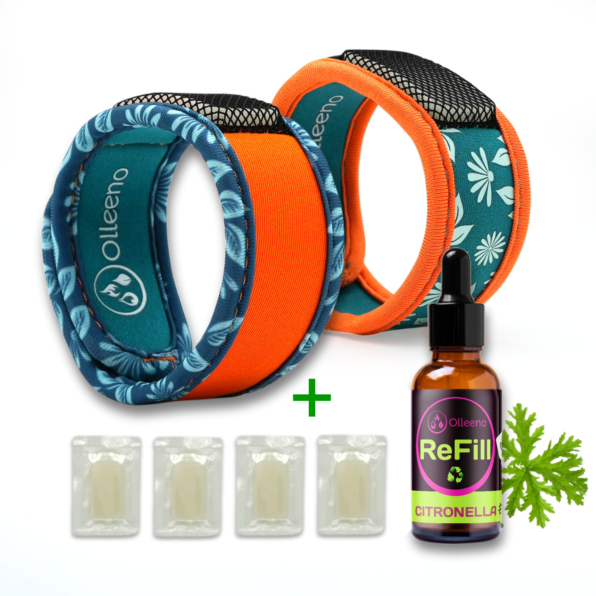 Mückenschutz SET: 2 Neoprene Armbänder + 4 Ersatzpellets + Nachfüllöl 🌱
