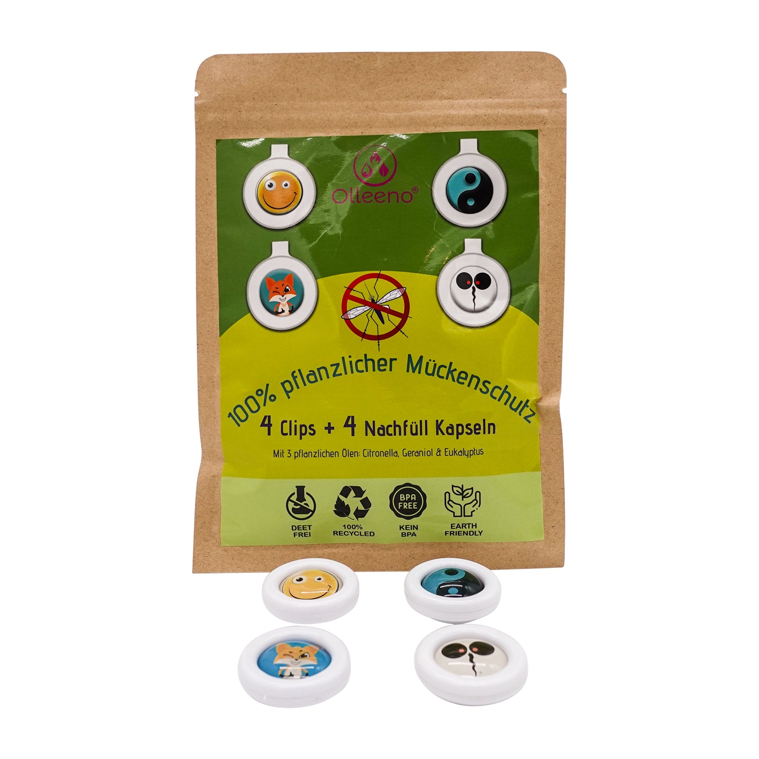 Mückenschutz SET: 4 Clips + 4 Ersatzkapseln (aus recyceltem Plastik) 🌱
