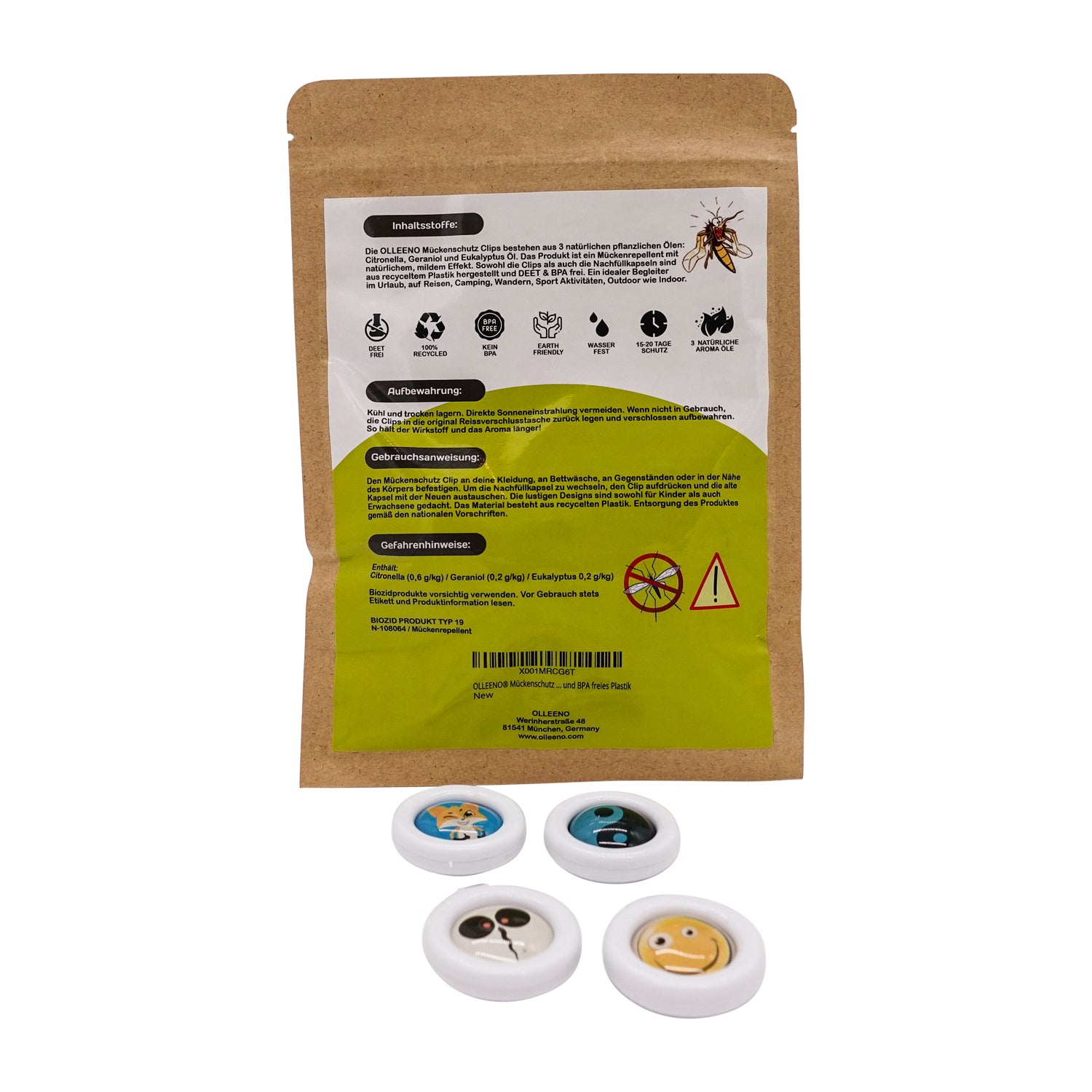 Mückenschutz SET: 4 Clips + 4 Ersatzkapseln (aus recyceltem Plastik) 🌱