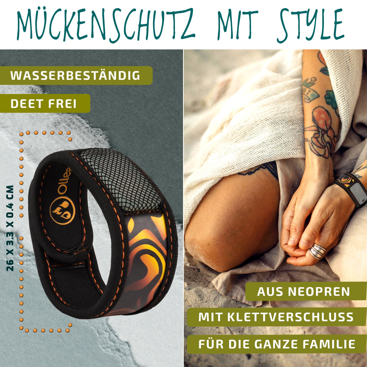 3 Designer Neoprene Mückenschutz-Armbänder + 3 Pellets – wiederverwendbar, reisegeeignet & lang anhaltender Schutz mit pflanzlich basierten Ölen