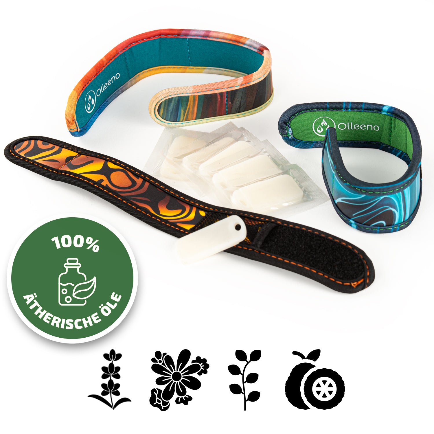3 Designer Neoprene Mückenschutz-Armbänder + 3 Pellets – wiederverwendbar, reisegeeignet & lang anhaltender Schutz mit pflanzlich basierten Ölen