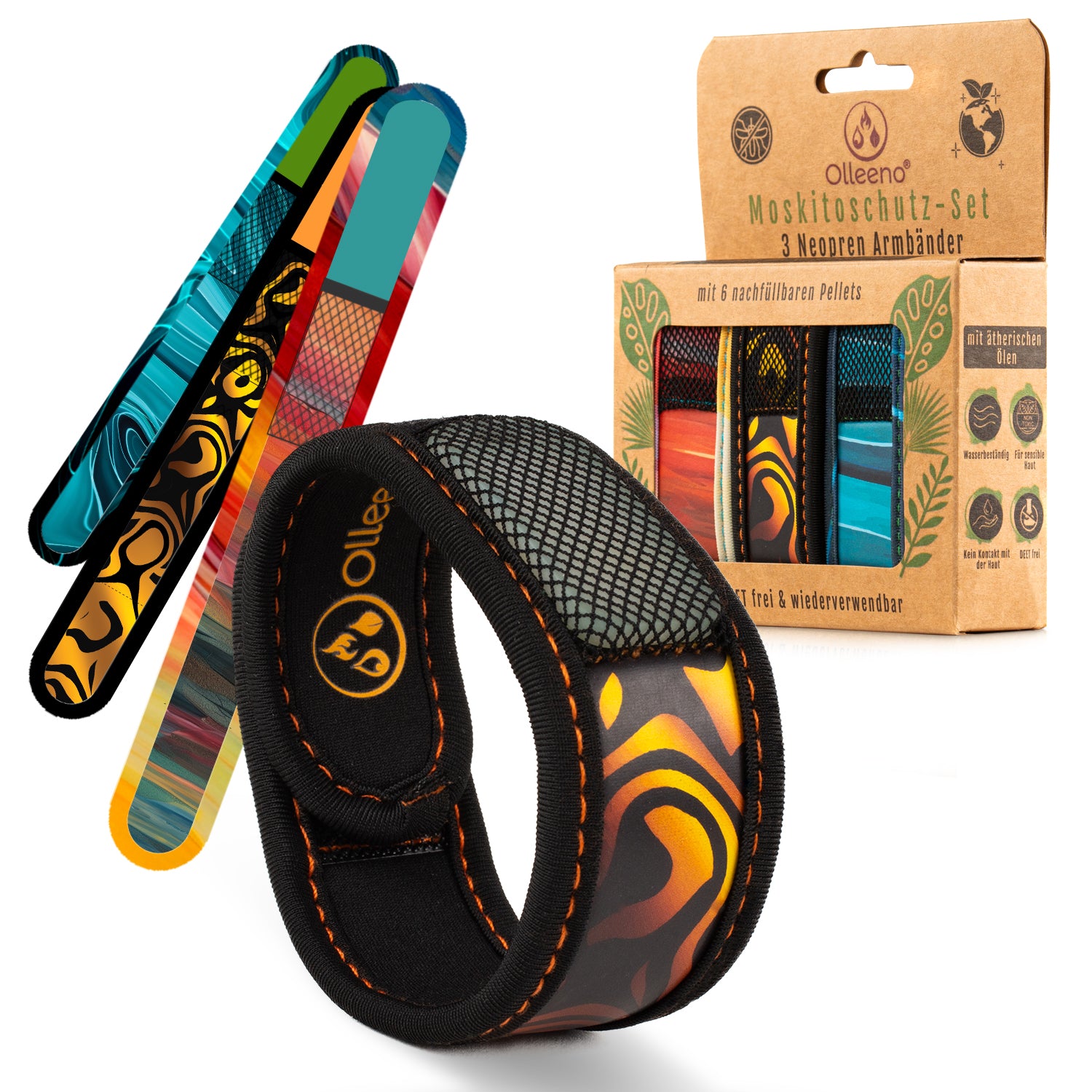 3 Designer Neoprene Mückenschutz-Armbänder + 3 Pellets – wiederverwendbar, reisegeeignet & lang anhaltender Schutz mit pflanzlich basierten Ölen