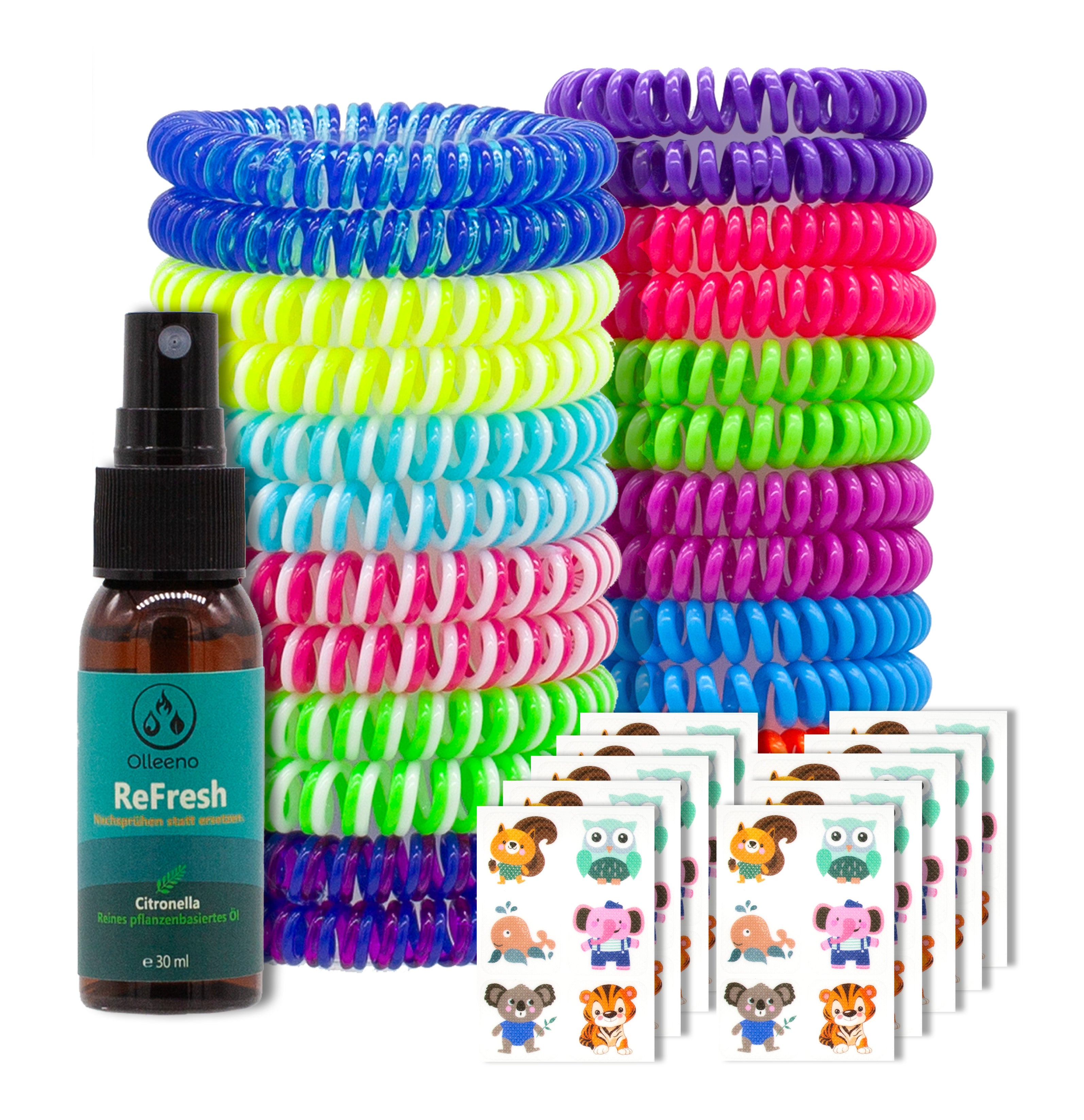 Mückenschutz SET: 24 Armbänder + RefillSpray + 60 Aufkleber 🌱