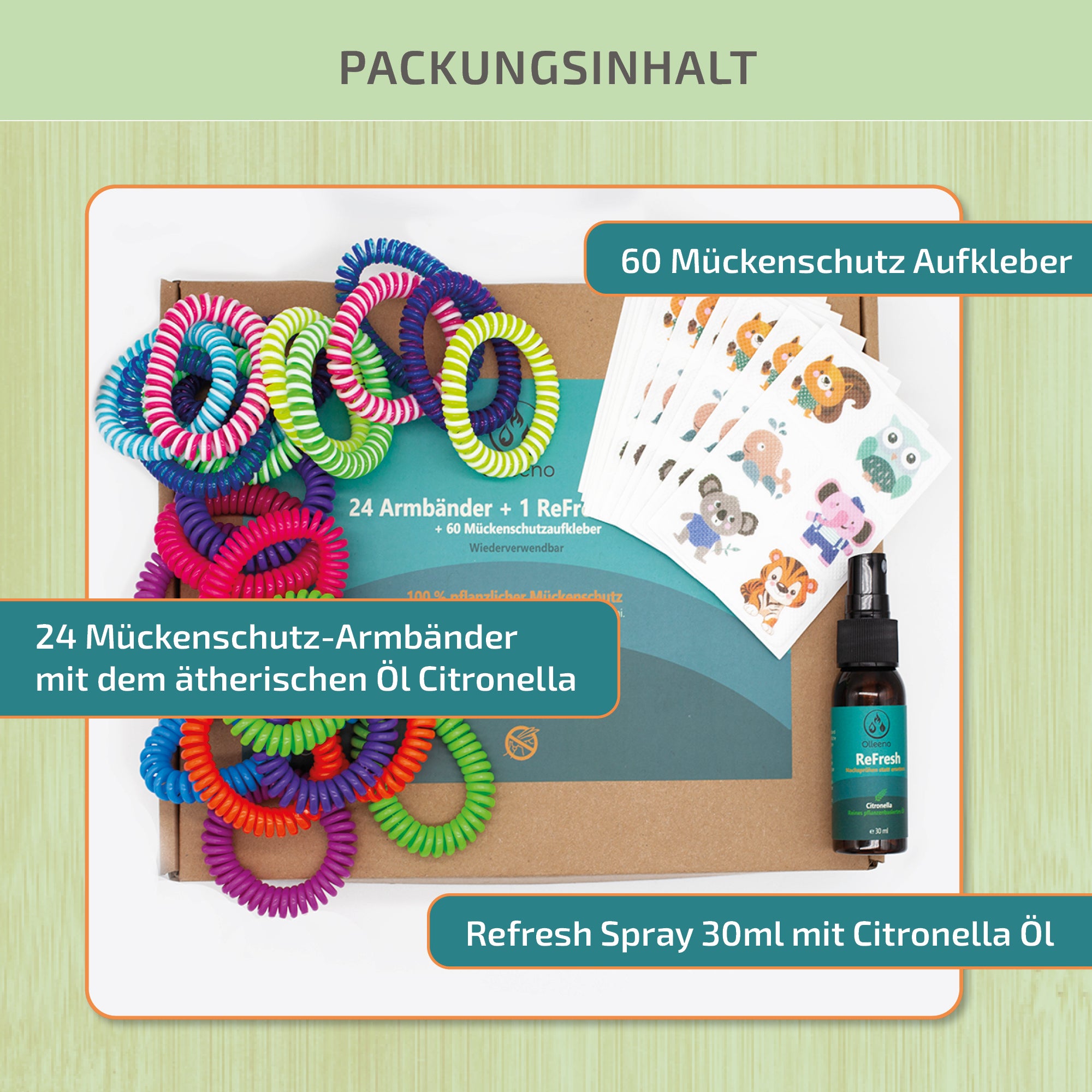 Mückenschutz SET: 24 Armbänder + RefillSpray + 60 Aufkleber 🌱