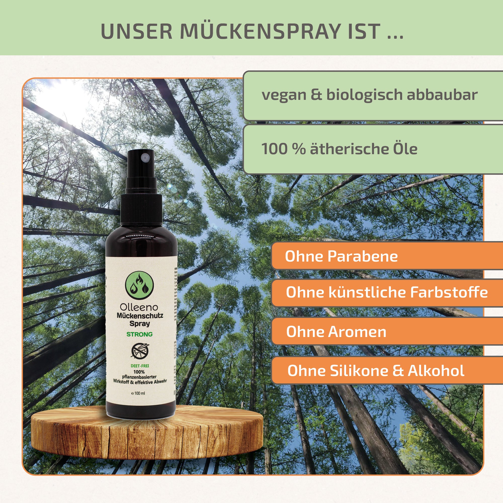 Mückenspray STRONG - Pflanzliche Inhaltsstoffe & ätherische Öle - Langanhaltender Schutz - 100ml