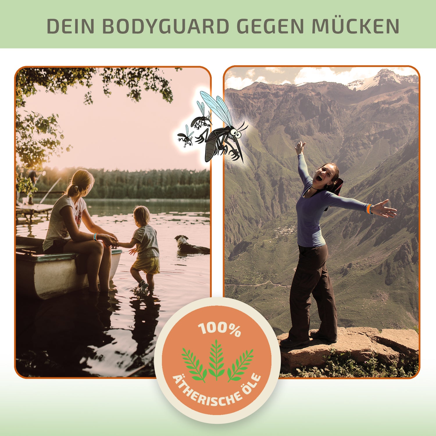 Mückenschutz SET: 2 Neoprene Armbänder + 4 Ersatzpellets + Nachfüllöl 🌱