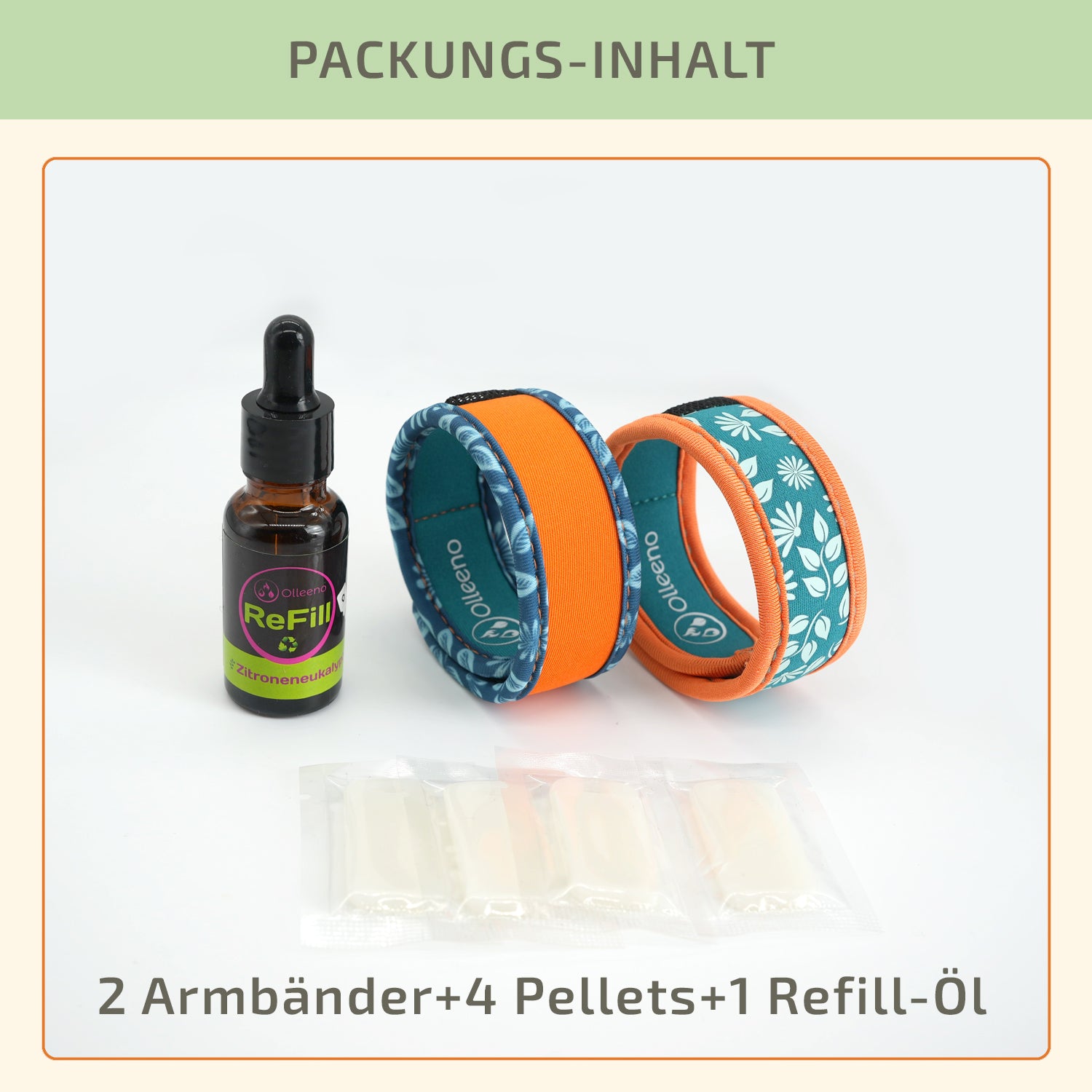 Mückenschutz SET: 2 Neoprene Armbänder + 4 Ersatzpellets + Nachfüllöl 🌱