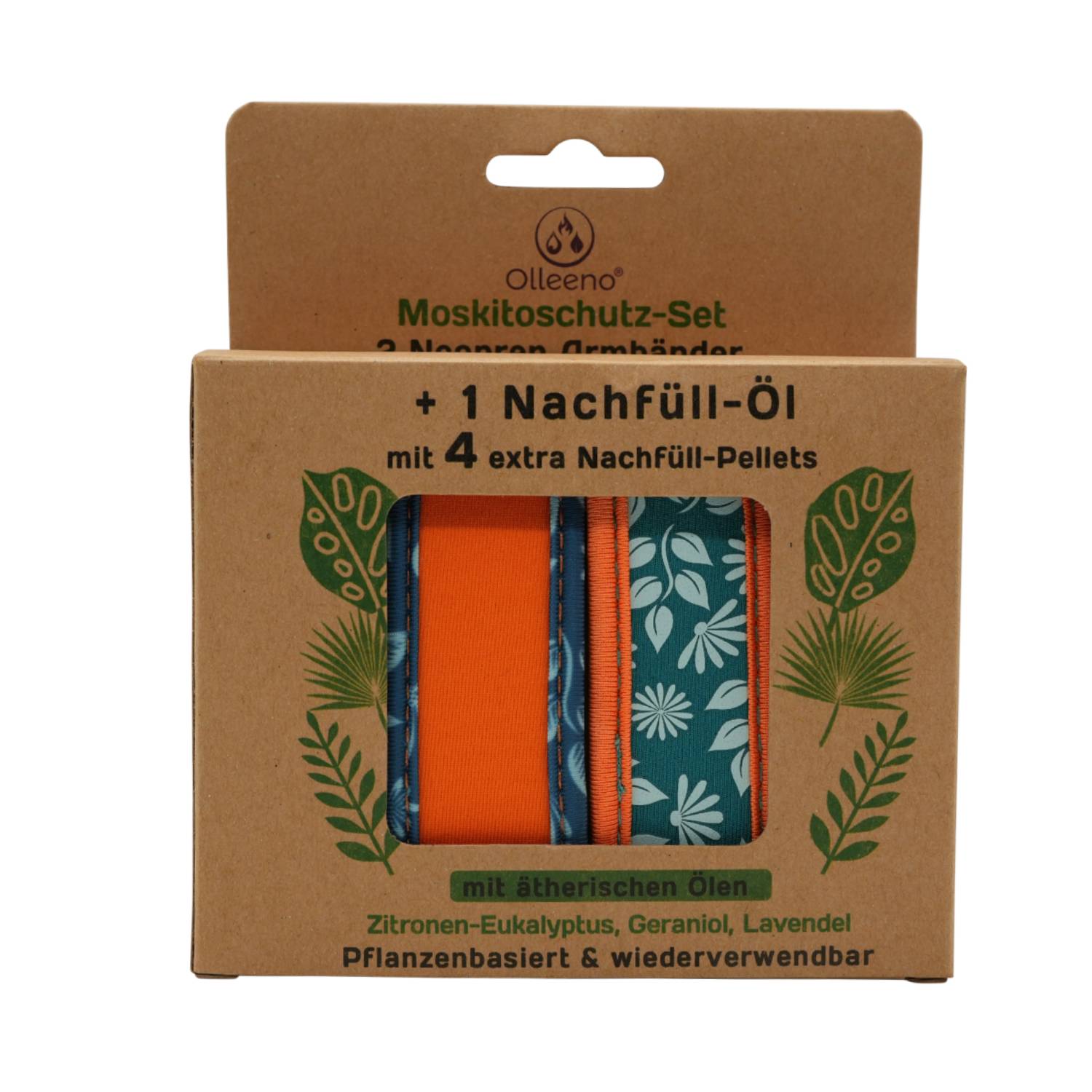 Mückenschutz SET: 2 Neoprene Armbänder + 4 Ersatzpellets + Nachfüllöl 🌱