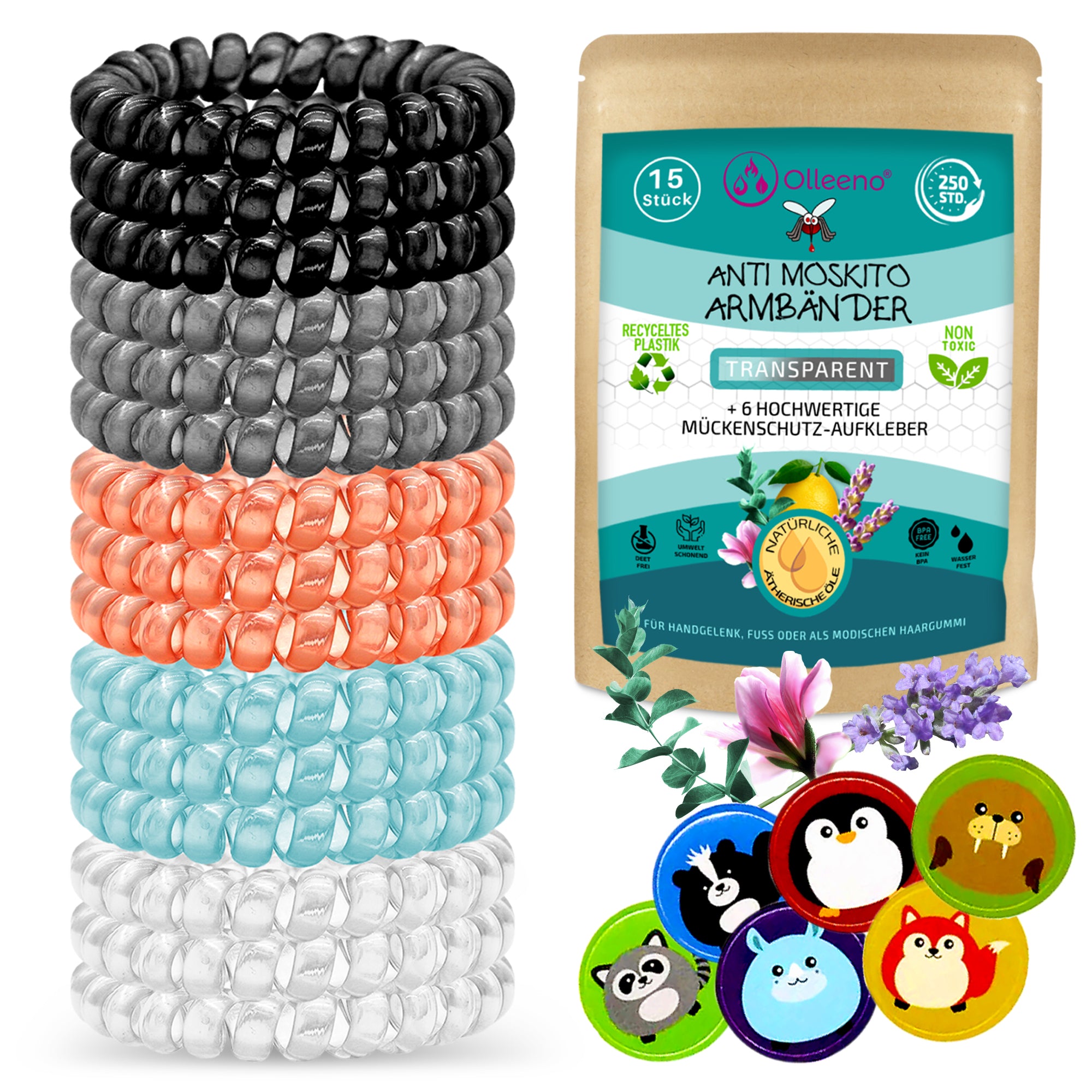 Mückenschutz SET: 15 Armbänder + 6 EVA Designer Aufkleber 🌱