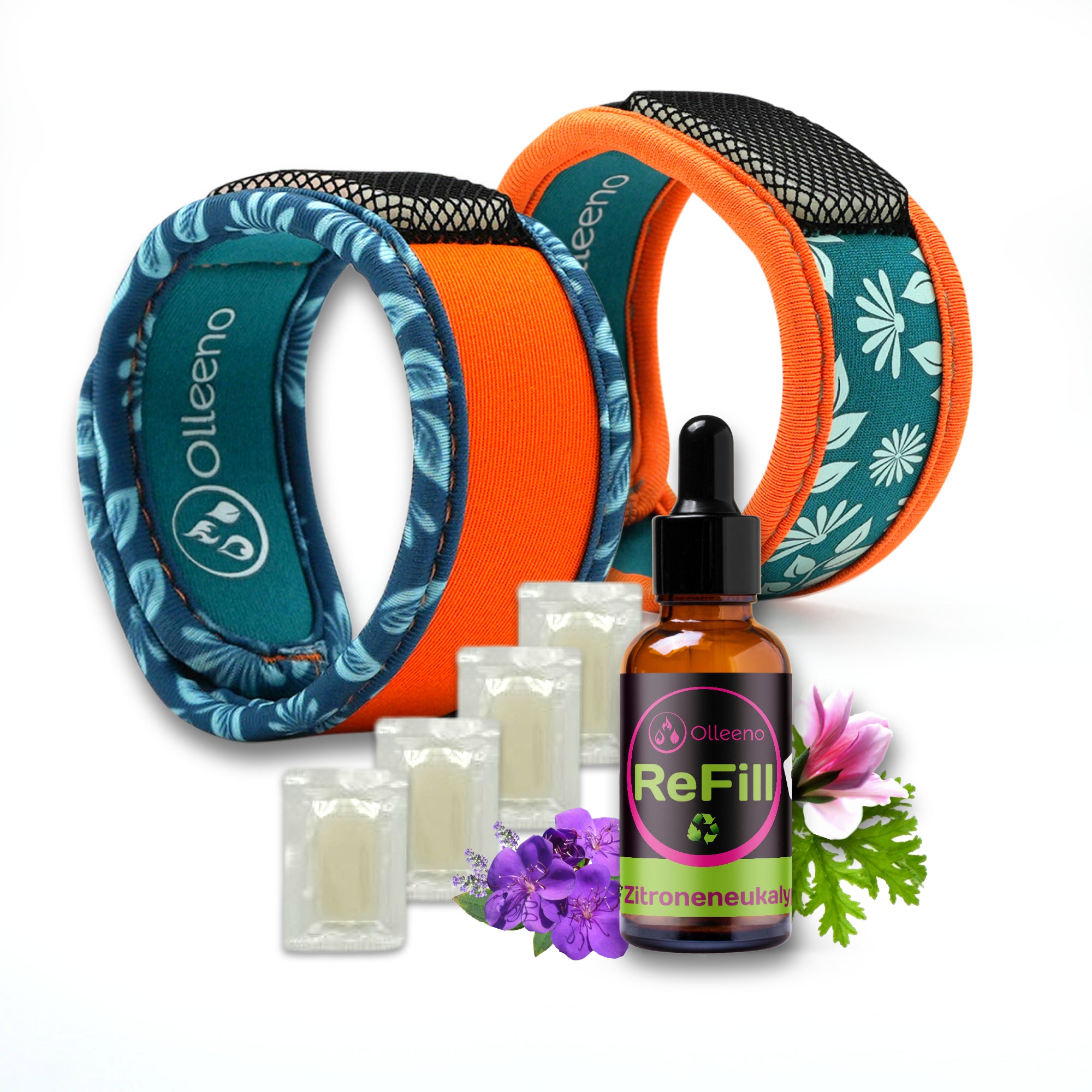 Mückenschutz SET: 2 Neoprene Armbänder + 4 Ersatzpellets + Nachfüllöl 🌱