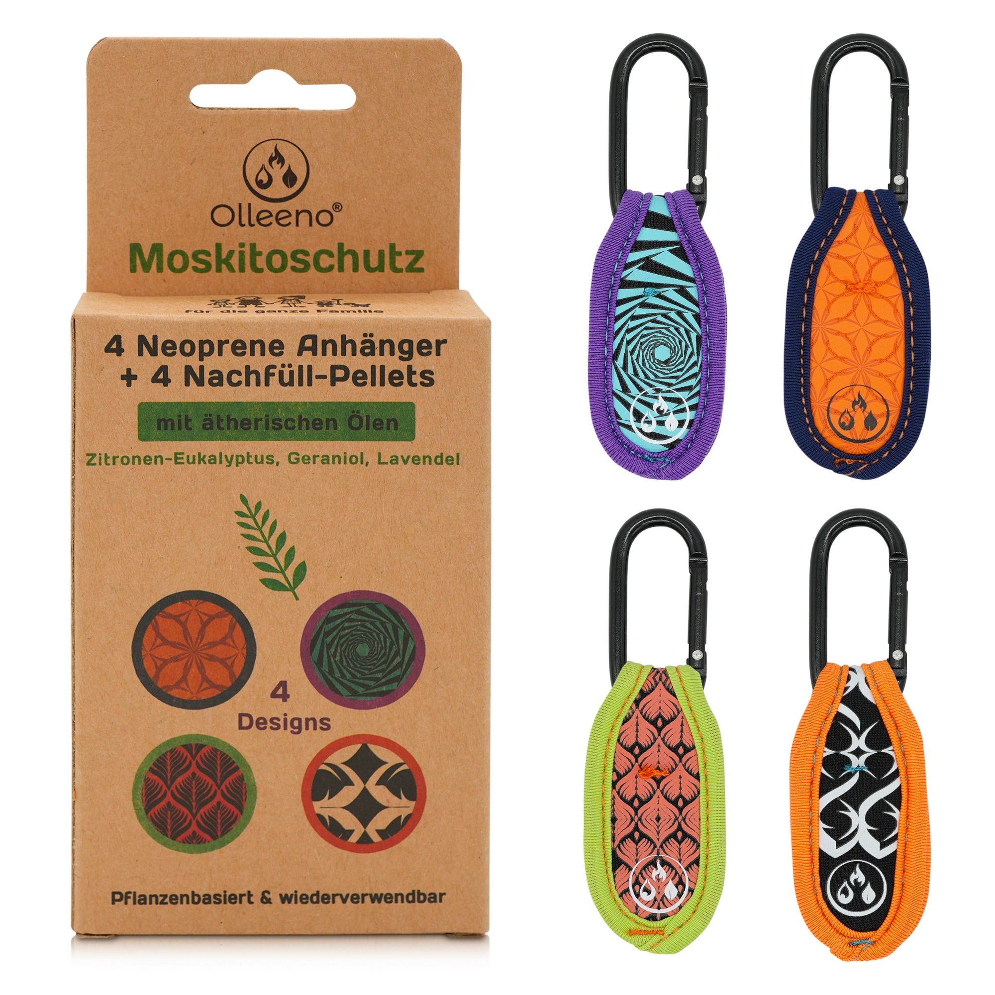 Mückenschutz SET: 4 Neoprene Anhänger + 4 Nachfüllpellets 🌱