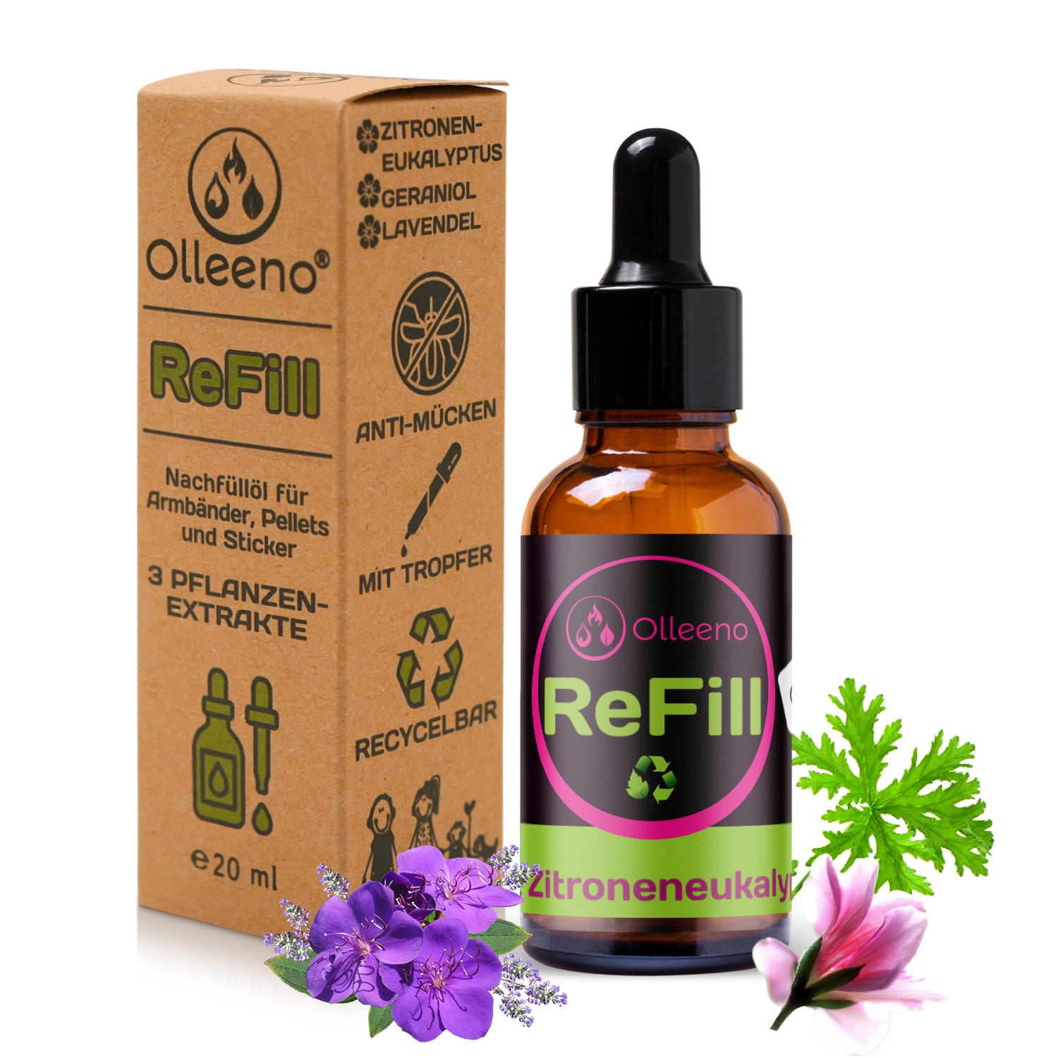 Nachfüllöl Lavendel, Geraniol, Zitroneneukalyptus 20ml – rein pflanzlich - OLLEENO