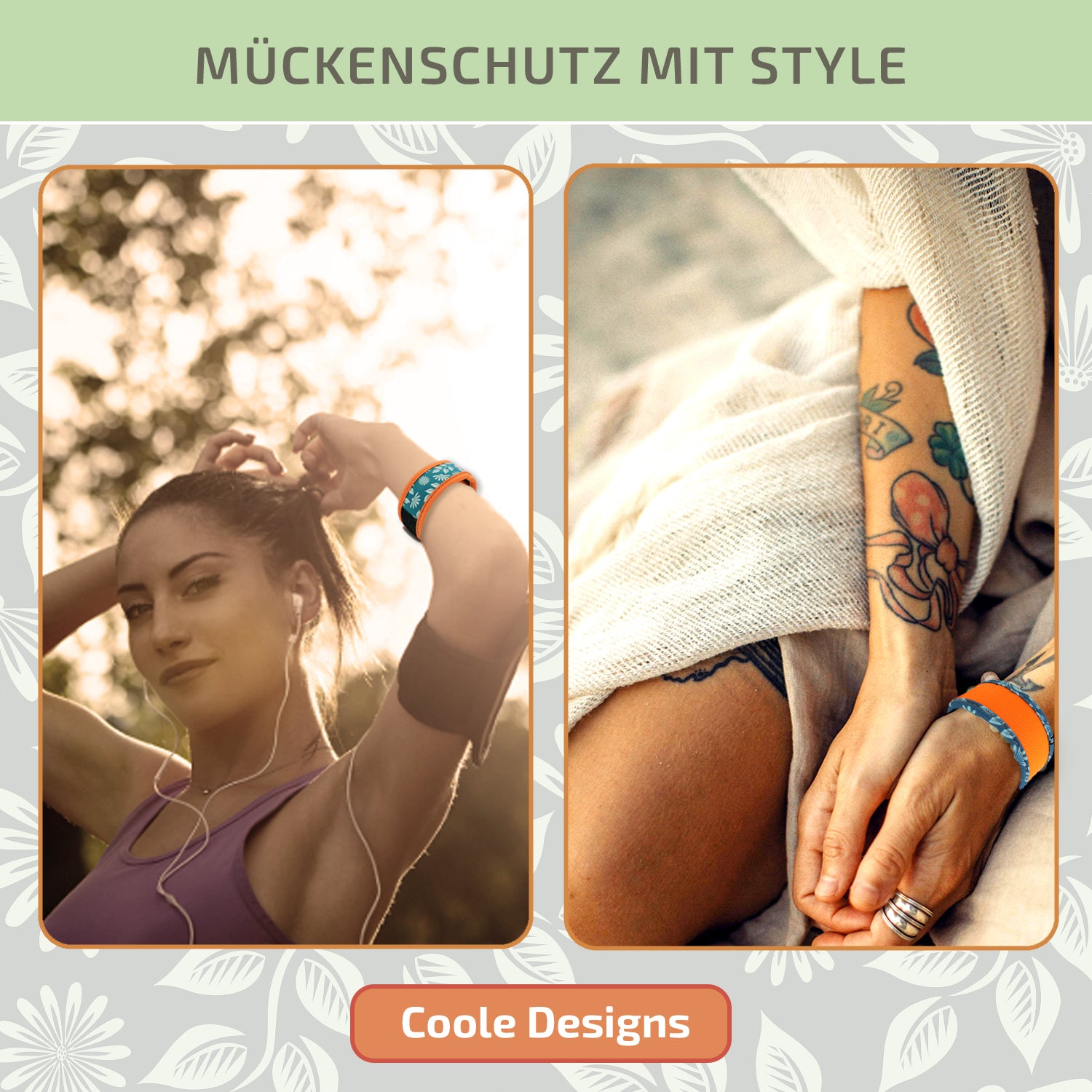 Mückenschutz SET: 2 Neoprene Armbänder + 4 Ersatzpellets + Nachfüllöl 🌱