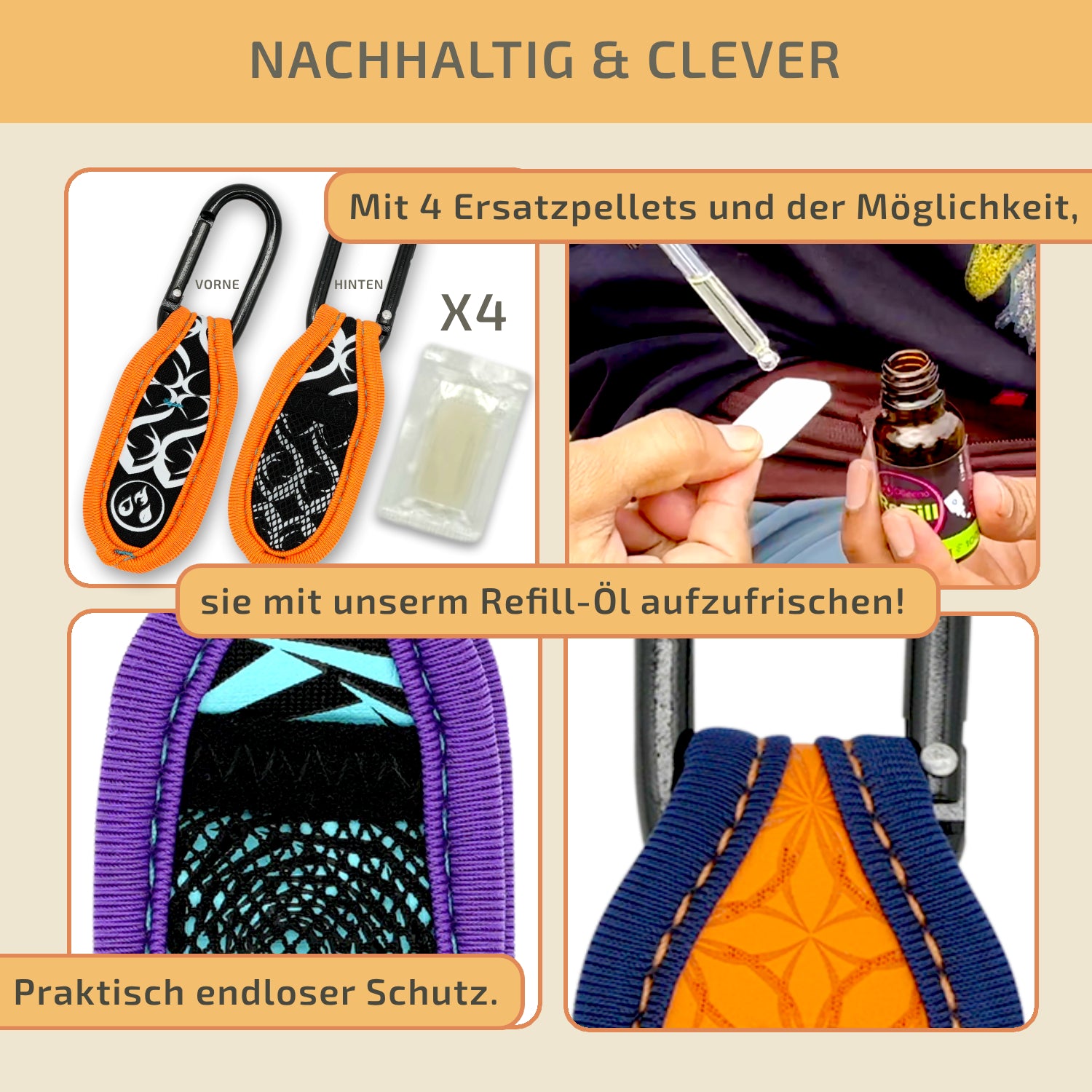 Mückenschutz SET: 4 Neoprene Anhänger + 4 Nachfüllpellets 🌱