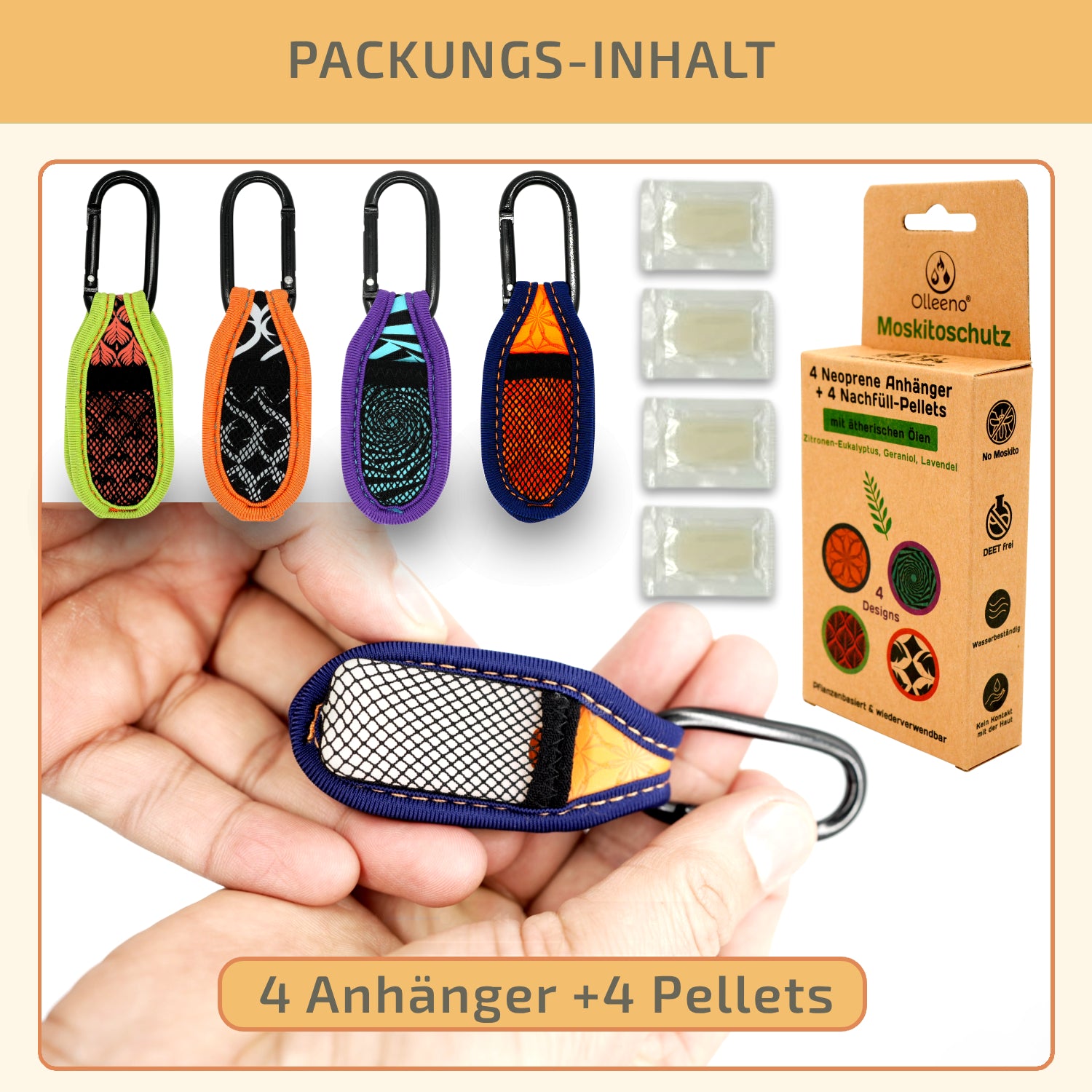 Mückenschutz SET: 4 Neoprene Anhänger + 4 Nachfüllpellets 🌱