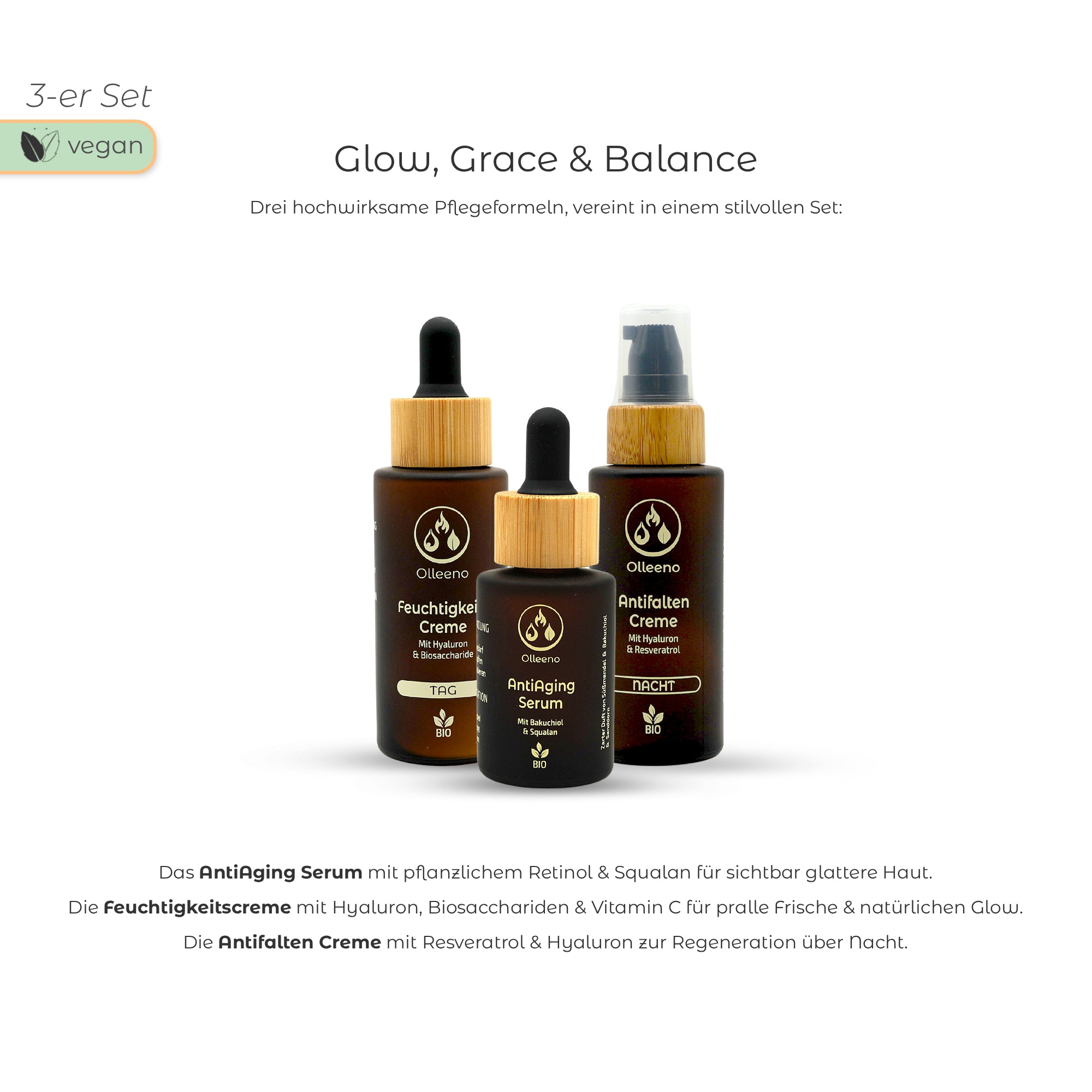 🌿 OLLEENO Bio Pflege Set – Feuchtigkeitscreme, Anti-Aging Serum & Antifaltencreme im Bundle