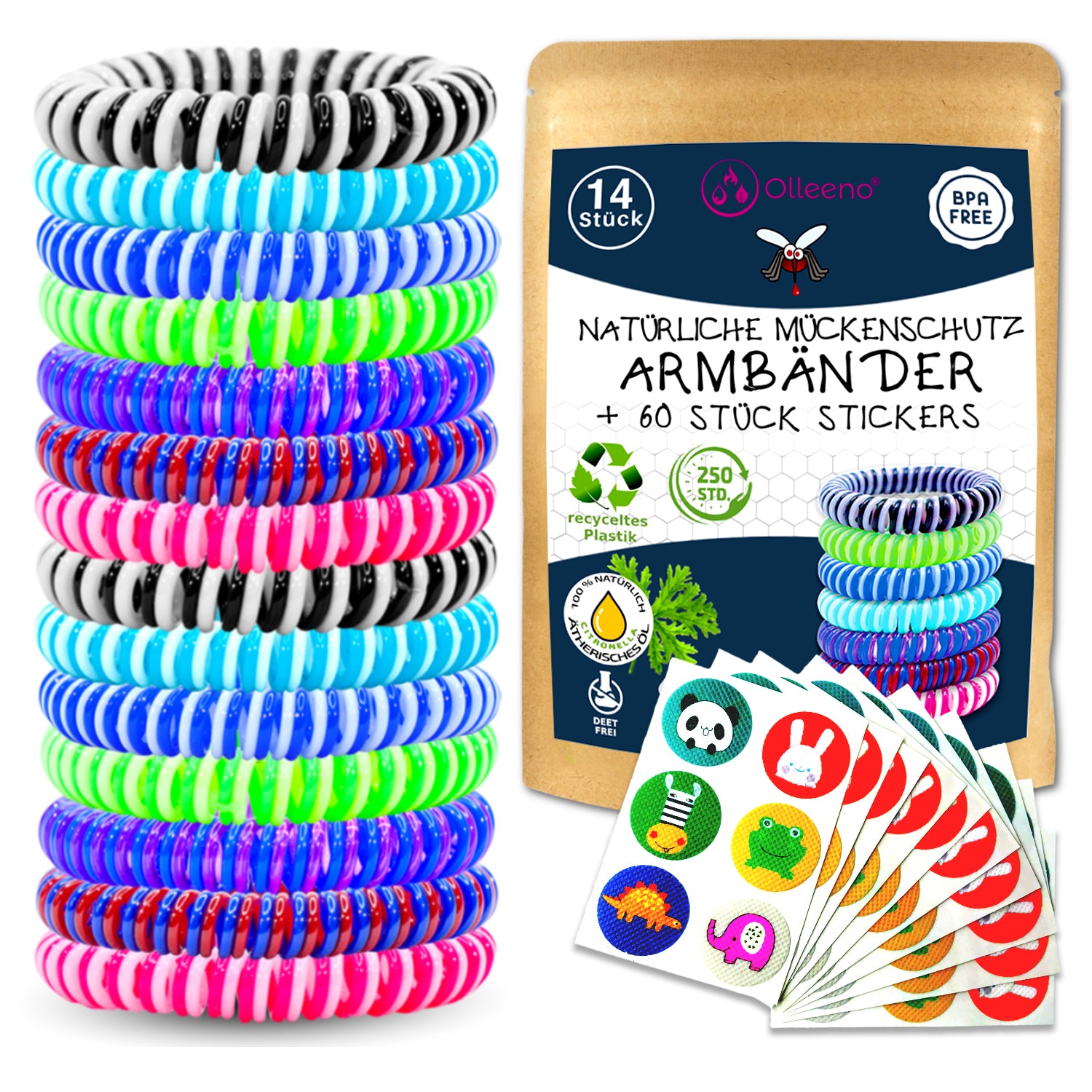 Mückenschutz SET: 14 Armbänder + 60 Textil Designer Aufkleber 🌱
