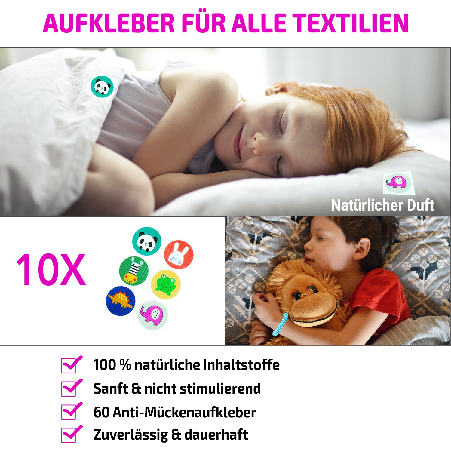 Mückenschutz SET: 14 Armbänder + 60 Textil Designer Aufkleber 🌱